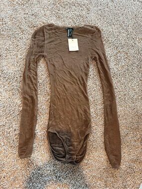 ZARA NWT Viscose Sheer Brown Long Sleeve Bodysuit